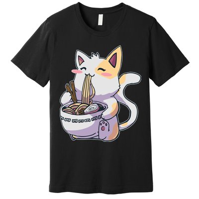 Anime Cat Eating Ramen Premium T-Shirt