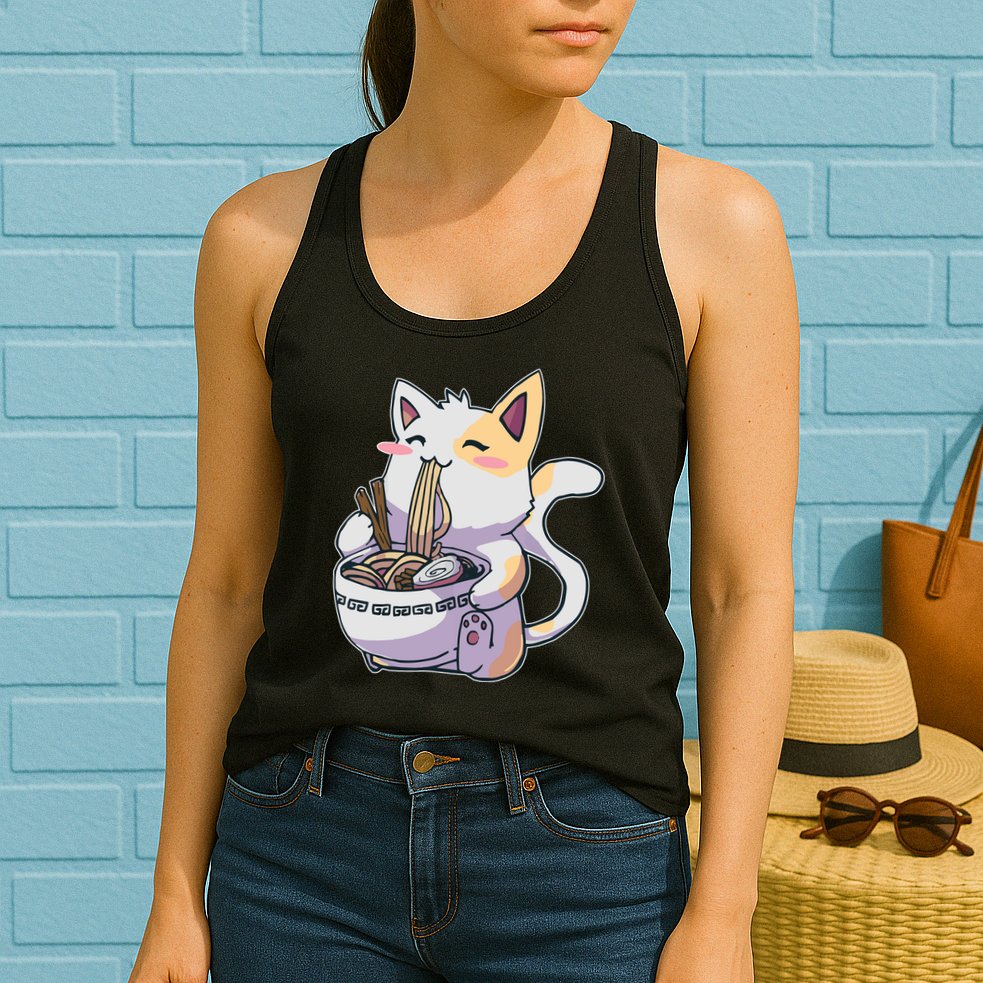 Anime Cat Eating Ramen Womens Tank Top
