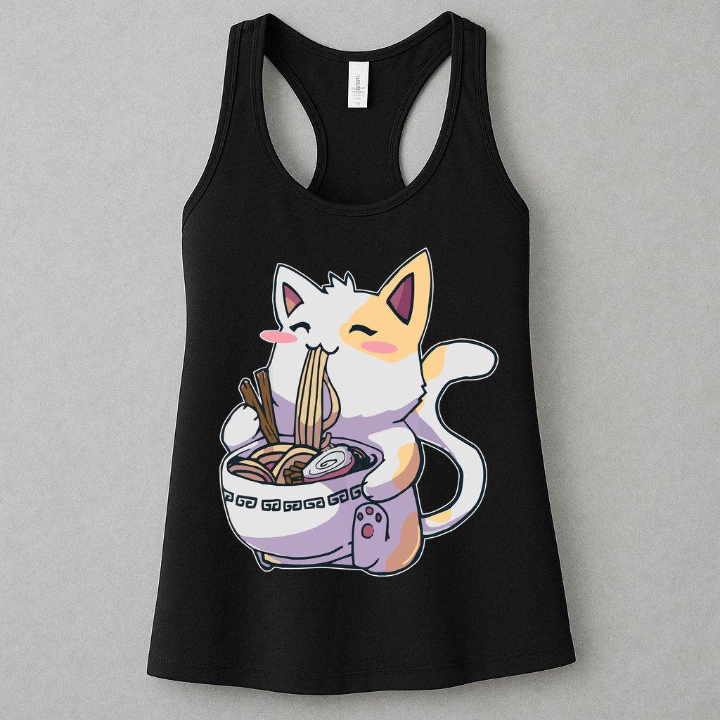Anime Cat Eating Ramen Womens Tank Top