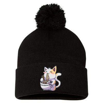 Anime Cat Eating Ramen Pom Pom 12in Knit Beanie
