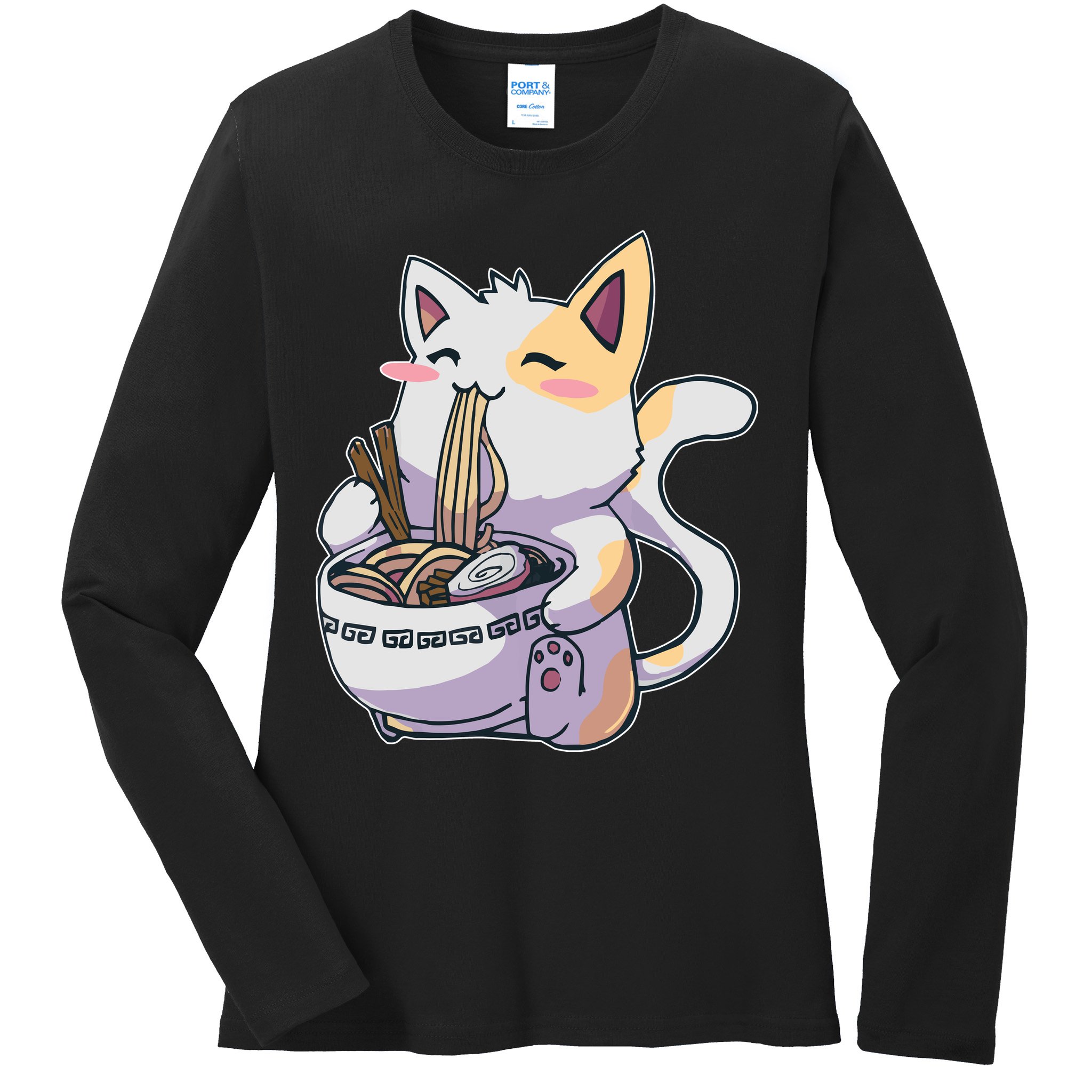 Anime Cat Eating Ramen Ladies Long Sleeve Shirt