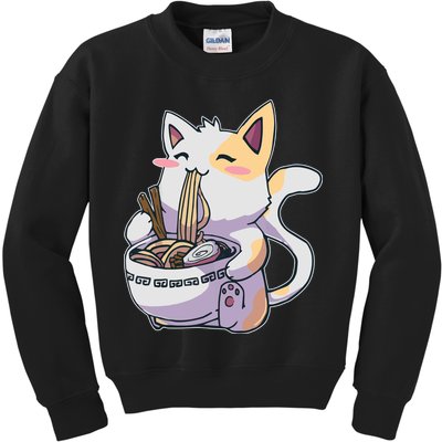 Anime Cat Eating Ramen Kids Sweatshirt
