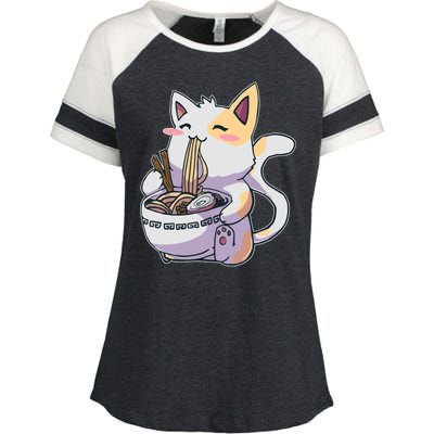 Anime Cat Eating Ramen Enza Ladies Jersey Colorblock Tee