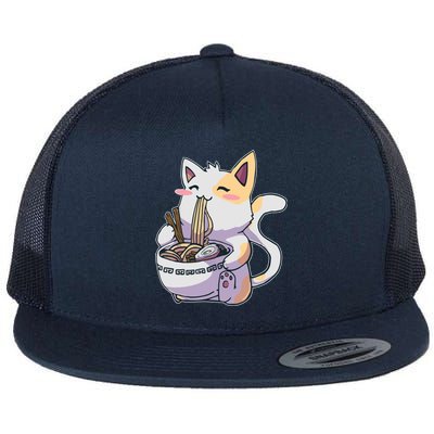 Anime Cat Eating Ramen Flat Bill Trucker Hat