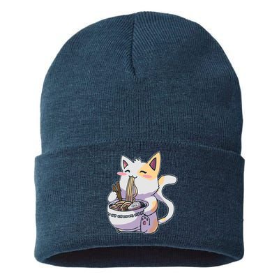 Anime Cat Eating Ramen Sustainable Knit Beanie