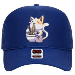 Anime Cat Eating Ramen High Crown Mesh Back Trucker Hat