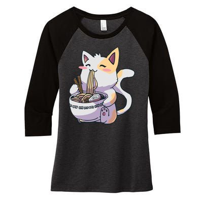 Anime Cat Eating Ramen Women's Tri-Blend 3/4-Sleeve Raglan Shirt