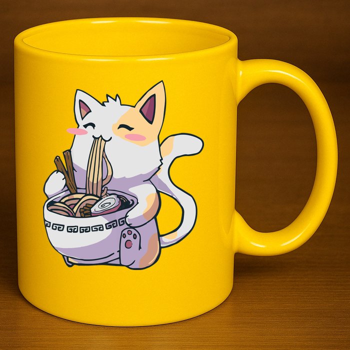 Anime Cat Eating Ramen 11oz C Handle Ceramic Mug
