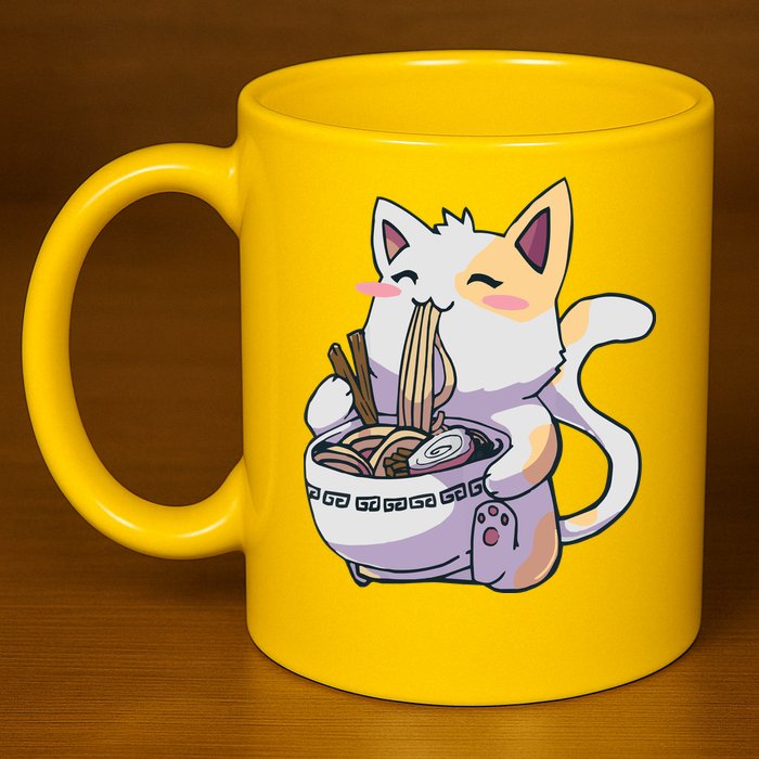Anime Cat Eating Ramen 11oz C Handle Ceramic Mug