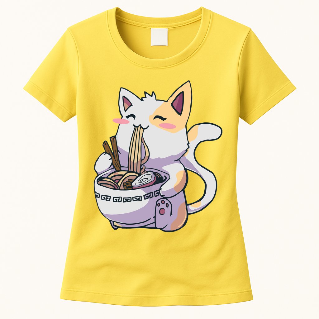 Anime Cat Eating Ramen Womens T-Shirt
