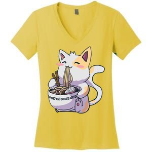 Anime Cat Eating Ramen Women's V-Neck T-Shirt