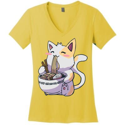 Anime Cat Eating Ramen Women's V-Neck T-Shirt