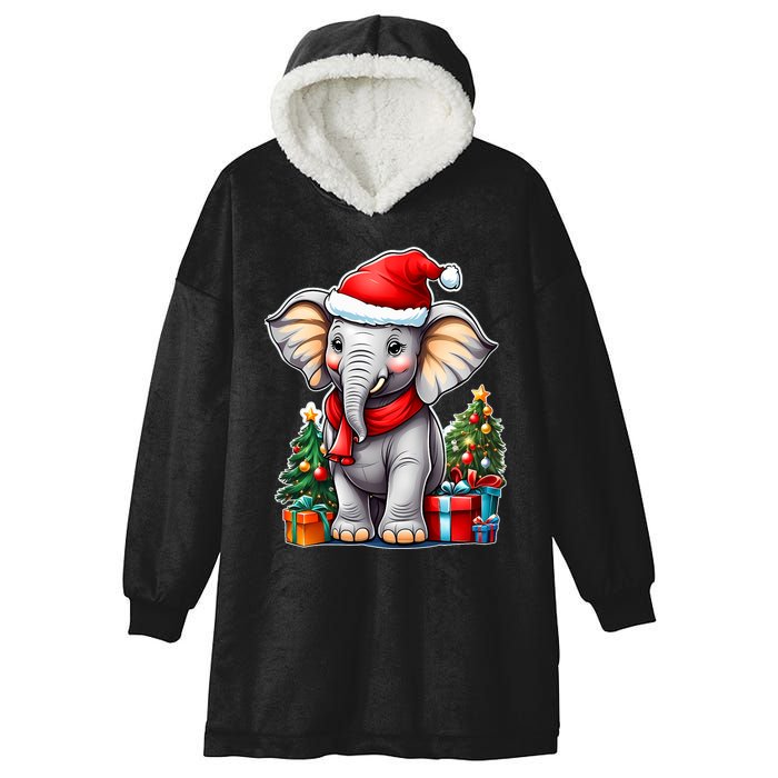 Aesthetic Christmas Elephant Santa Hat Xmas Tree Custom Hooded Wearable Blanket