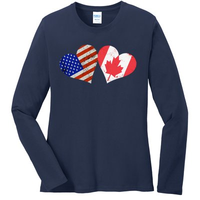 American & Canadian Flags Heart Shaped Vintage Us Eh Ladies Long Sleeve Shirt