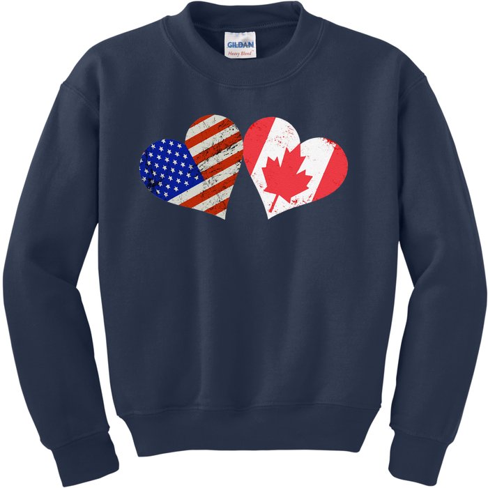 American & Canadian Flags Heart Shaped Vintage Us Eh Kids Sweatshirt