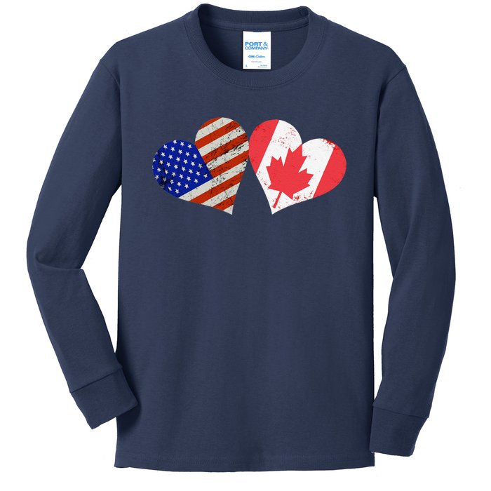 American & Canadian Flags Heart Shaped Vintage Us Eh Kids Long Sleeve Shirt