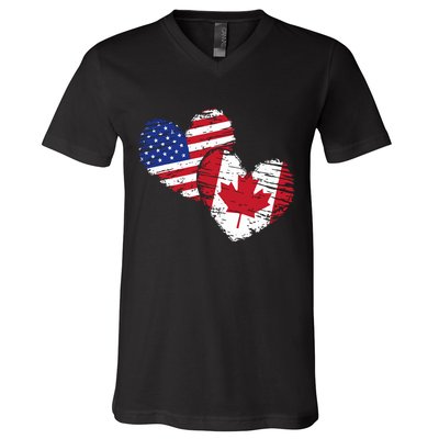 American Canadian Flag Heart Valentines Day Gift Canada V-Neck T-Shirt