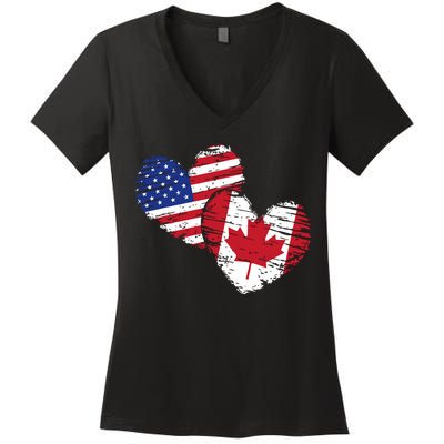 American Canadian Flag Heart Valentines Day Gift Canada Women's V-Neck T-Shirt