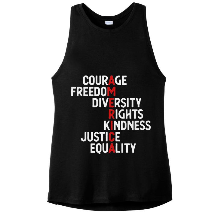 America Courage Freedom Diversity Rights Friendship Justice Ladies PosiCharge Tri-Blend Wicking Tank