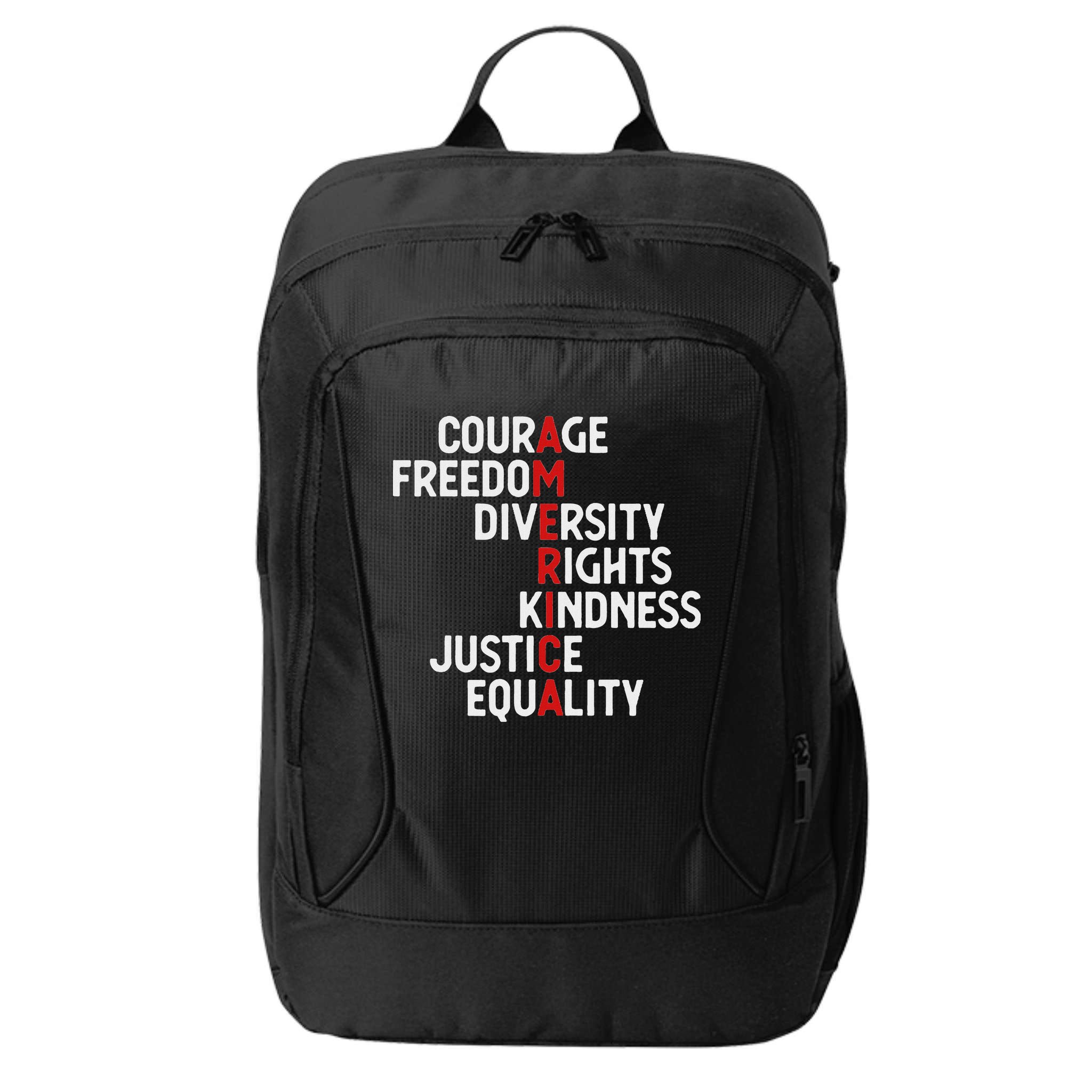 America Courage Freedom Diversity Rights Friendship Justice City Backpack