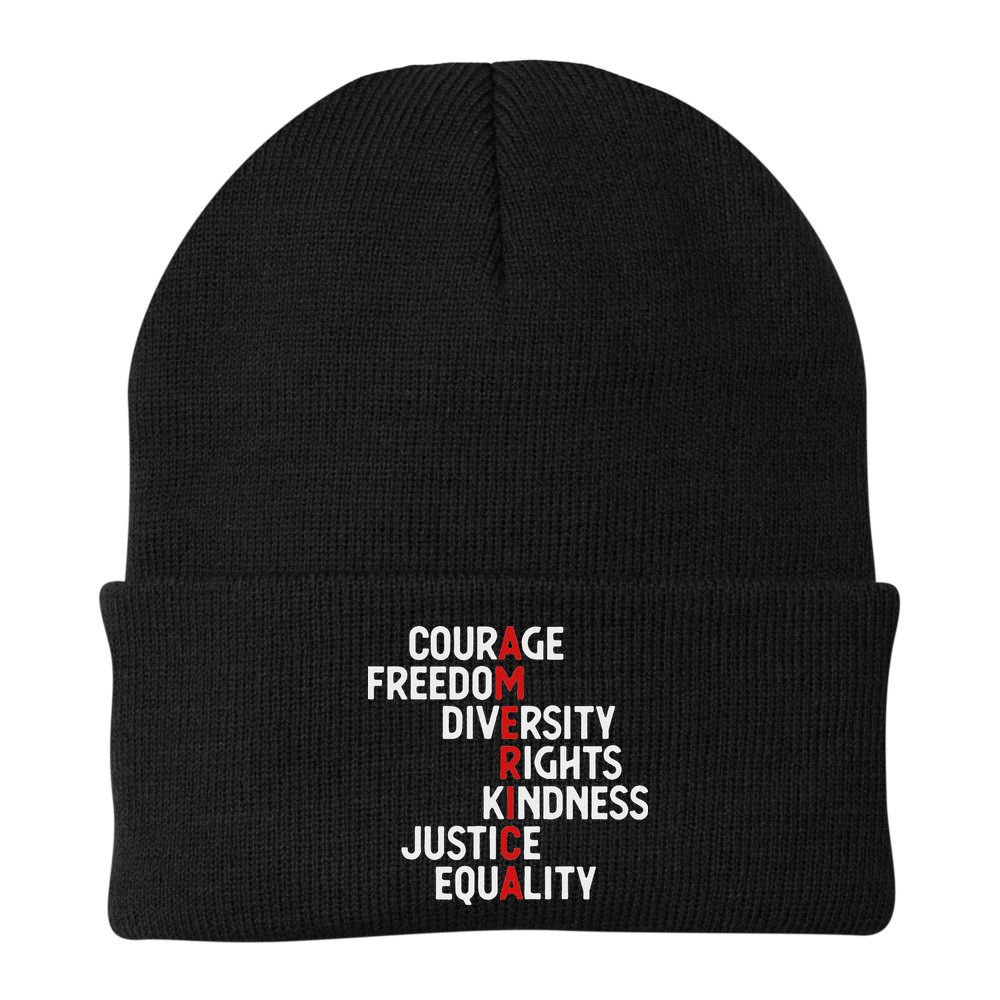 America Courage Freedom Diversity Rights Friendship Justice Beanie