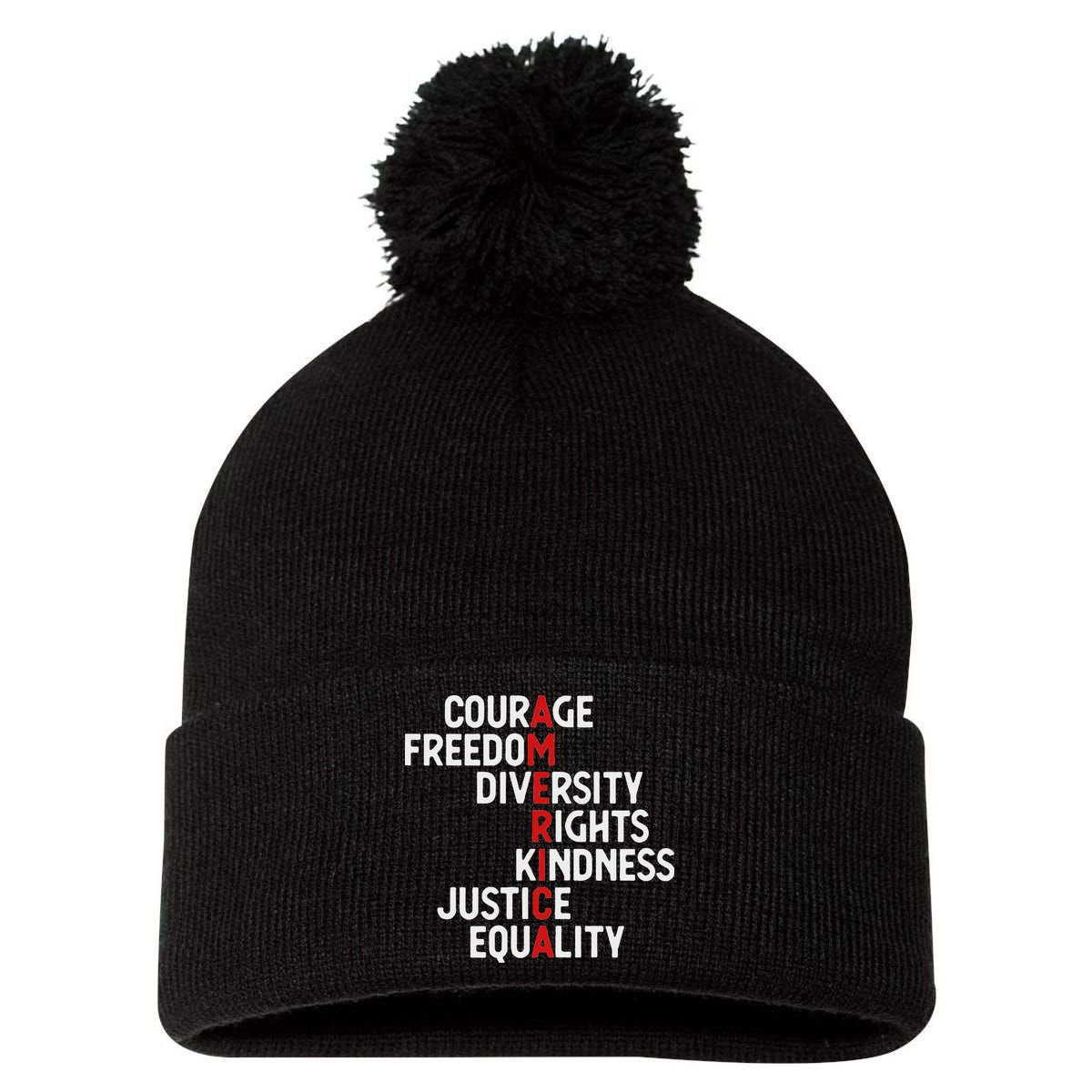 America Courage Freedom Diversity Rights Friendship Justice Pom Pom 12in Knit Beanie