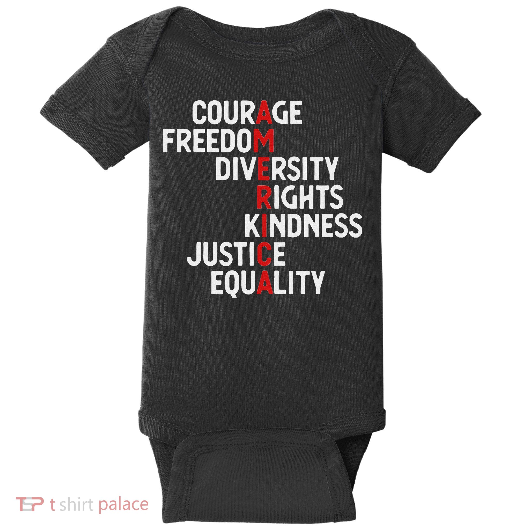 America Courage Freedom Diversity Rights Friendship Justice Baby Bodysuit