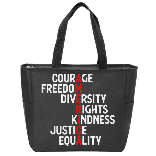 America Courage Freedom Diversity Rights Friendship Justice Zip Tote Bag