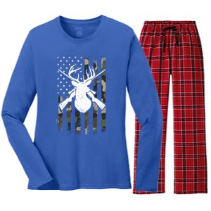 American Camouflage Flag Whitetail Buck Deer Hunting Funny Gift Great Gift Women's Long Sleeve Flannel Pajama Set 