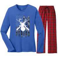 American Camouflage Flag Whitetail Buck Deer Hunting Funny Gift Great Gift Women's Long Sleeve Flannel Pajama Set 