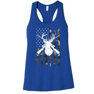 American Camouflage Flag Whitetail Buck Deer Hunting Funny Gift Great Gift Women's Racerback Tank