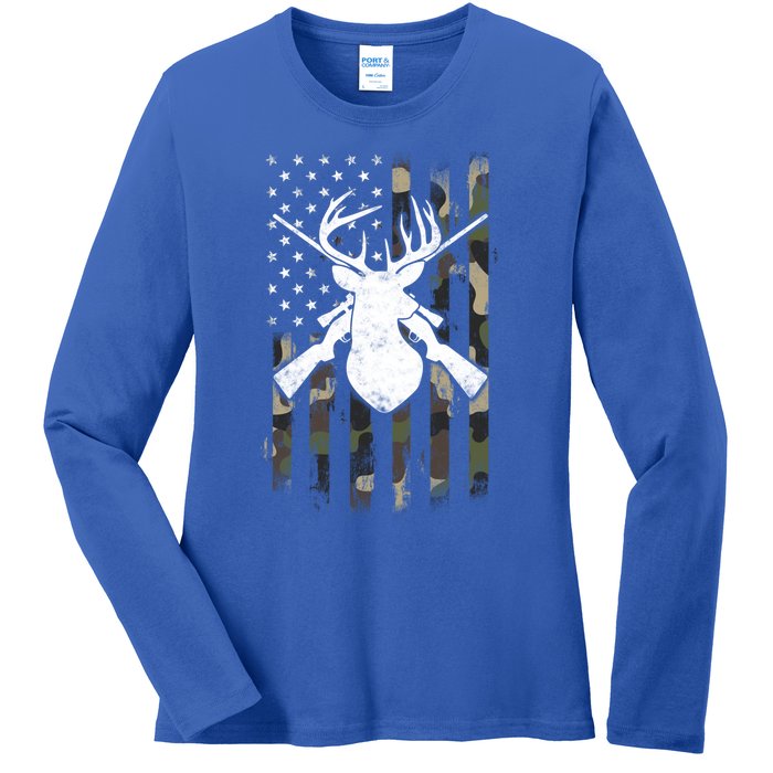 American Camouflage Flag Whitetail Buck Deer Hunting Funny Gift Great Gift Ladies Long Sleeve Shirt