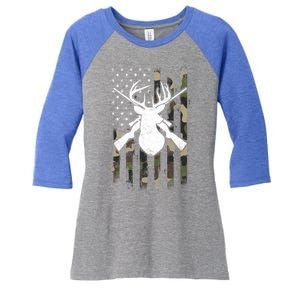 American Camouflage Flag Whitetail Buck Deer Hunting Funny Gift Great Gift Women's Tri-Blend 3/4-Sleeve Raglan Shirt