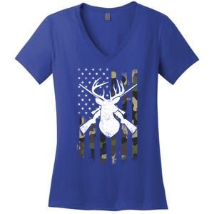 American Camouflage Flag Whitetail Buck Deer Hunting Funny Gift Great Gift Women's V-Neck T-Shirt