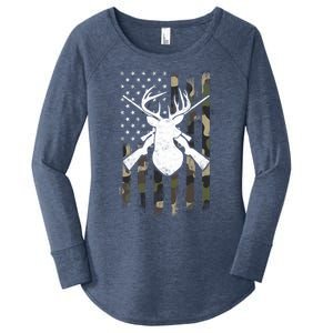 American Camouflage Flag Whitetail Buck Deer Hunting Funny Gift Great Gift Women's Perfect Tri Tunic Long Sleeve Shirt