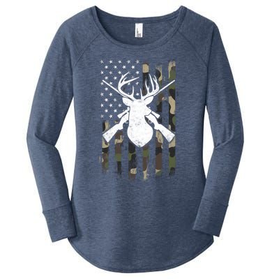 American Camouflage Flag Whitetail Buck Deer Hunting Funny Gift Great Gift Women's Perfect Tri Tunic Long Sleeve Shirt