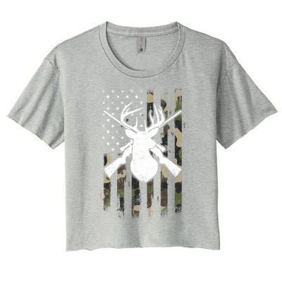 American Camouflage Flag Whitetail Buck Deer Hunting Funny Gift Great Gift Women's Crop Top Tee