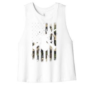 American Camouflage Flag Whitetail Buck Deer Hunting Funny Gift Great Gift Women's Racerback Cropped Tank