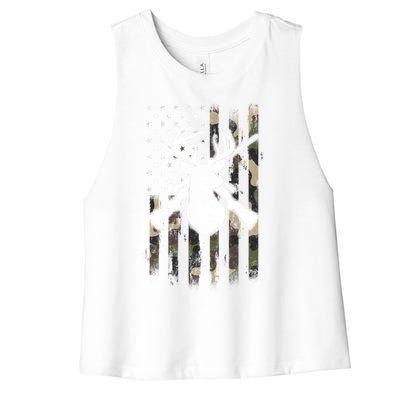 American Camouflage Flag Whitetail Buck Deer Hunting Funny Gift Great Gift Women's Racerback Cropped Tank