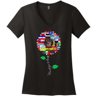 All Countries Flags Sunflower Hispanic Heritage Month Latino Women's V-Neck T-Shirt