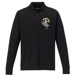 Aunticorn Cute Gift Riding Dinosaur T Rex Gift Performance Long Sleeve Polo