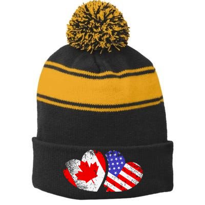 American Canadian Heart Valentines Day Giftc Stripe Pom Pom Beanie