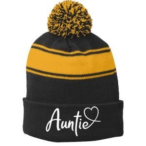 Auntie Cute Heart Logo Stripe Pom Pom Beanie