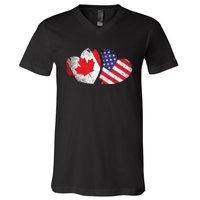 American Canadian Heart Valentines Day Gift USA Flag Canada V-Neck T-Shirt