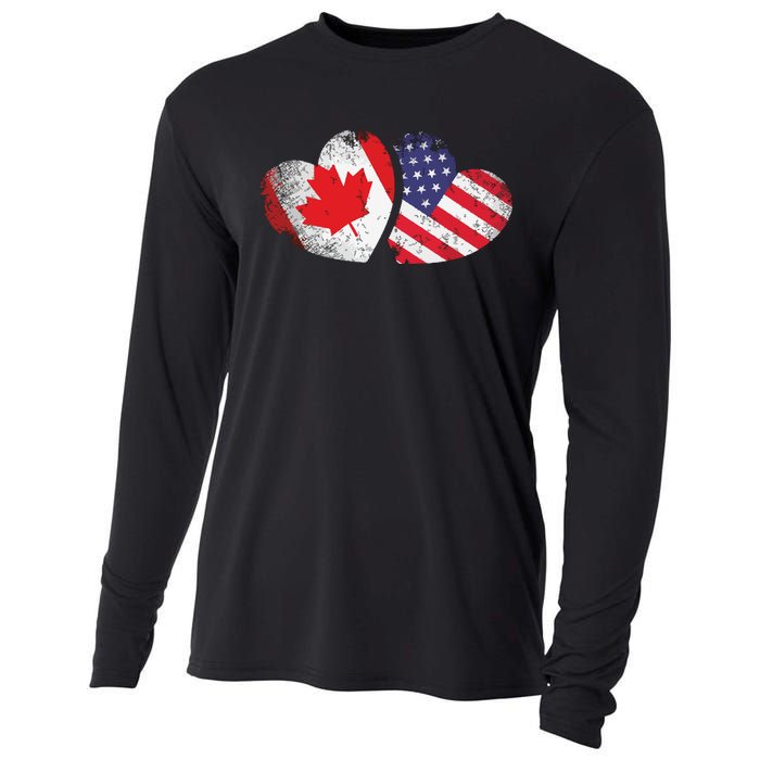 American Canadian Heart Valentines Day Gift USA Flag Canada Cooling Performance Long Sleeve Crew