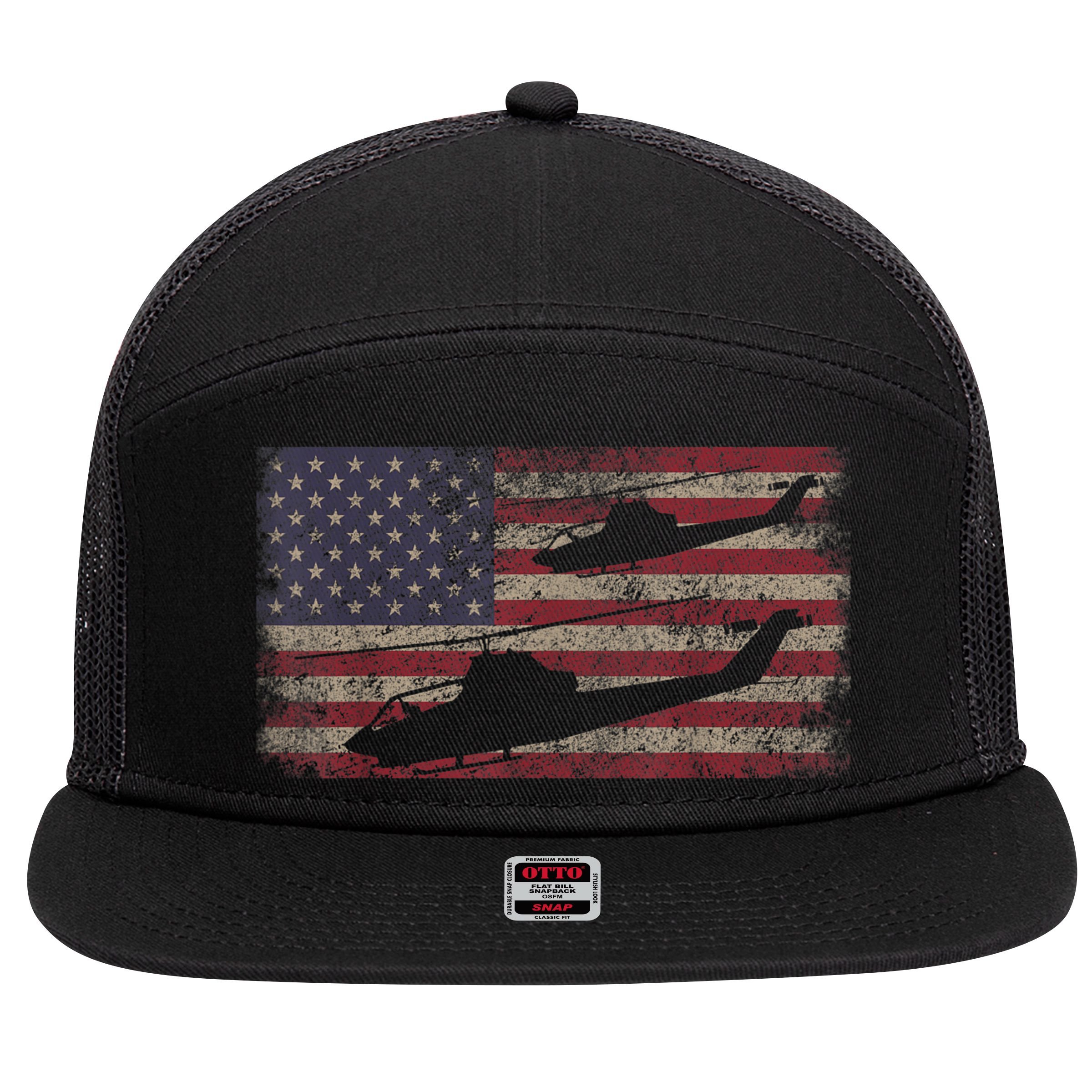 AH1 Cobra Helicopter Military USA American Flag 7 Panel Mesh Trucker Snapback Hat