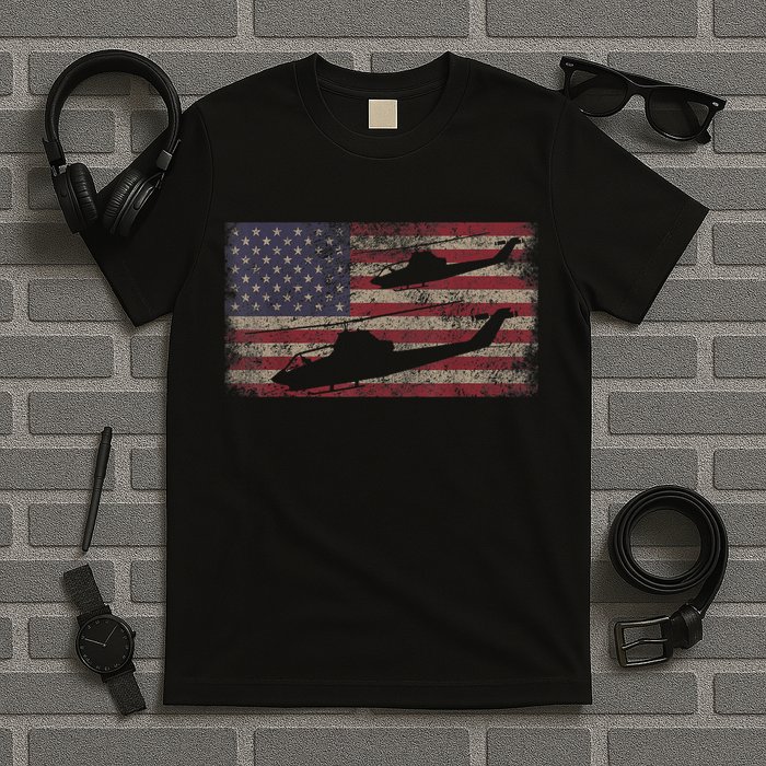AH1 Cobra Helicopter Military USA American Flag T-Shirt