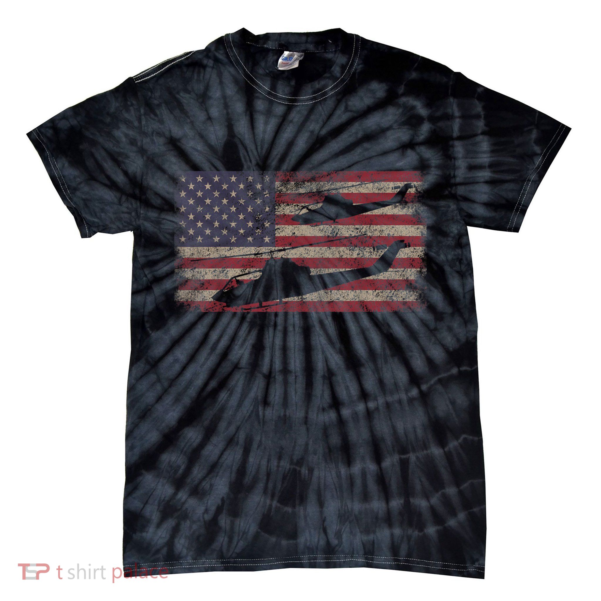 AH1 Cobra Helicopter Military USA American Flag Tie-Dye T-Shirt