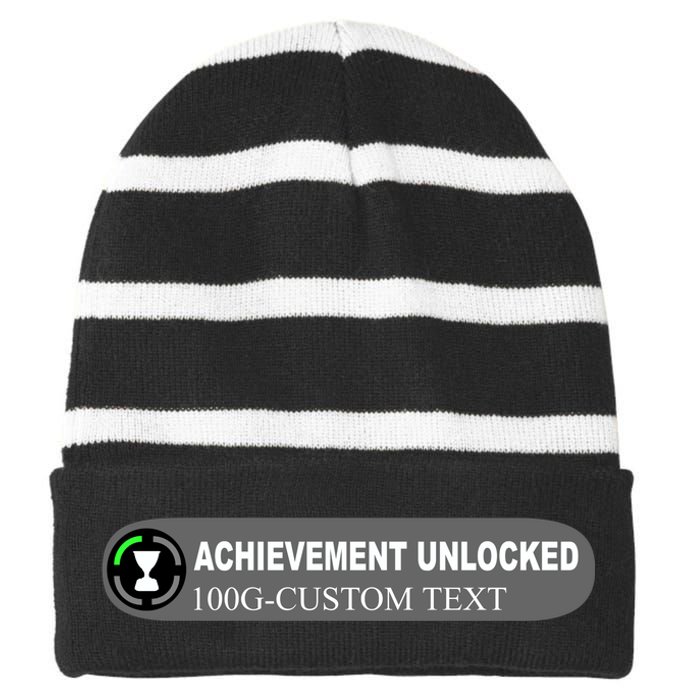 Achievement Unlocked Custom Personalize Text Striped Beanie with Solid Band