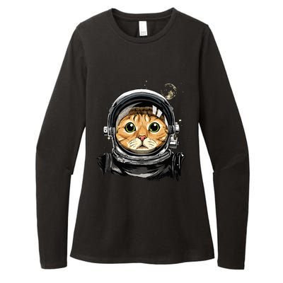 Astronaut Cat in Space Holding Planet Balloon Womens CVC Long Sleeve Shirt